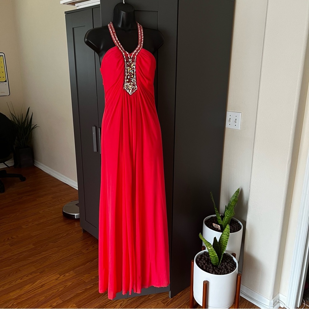 Ruby Rox | Double Layered Rhinestone Coral Formal Dress, low-cut back | Size S